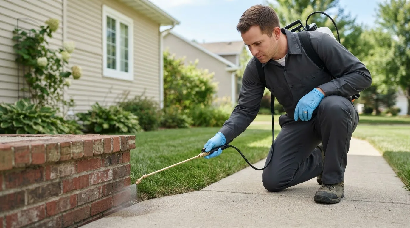 Pest control technician treating a home near Jamestown, KY